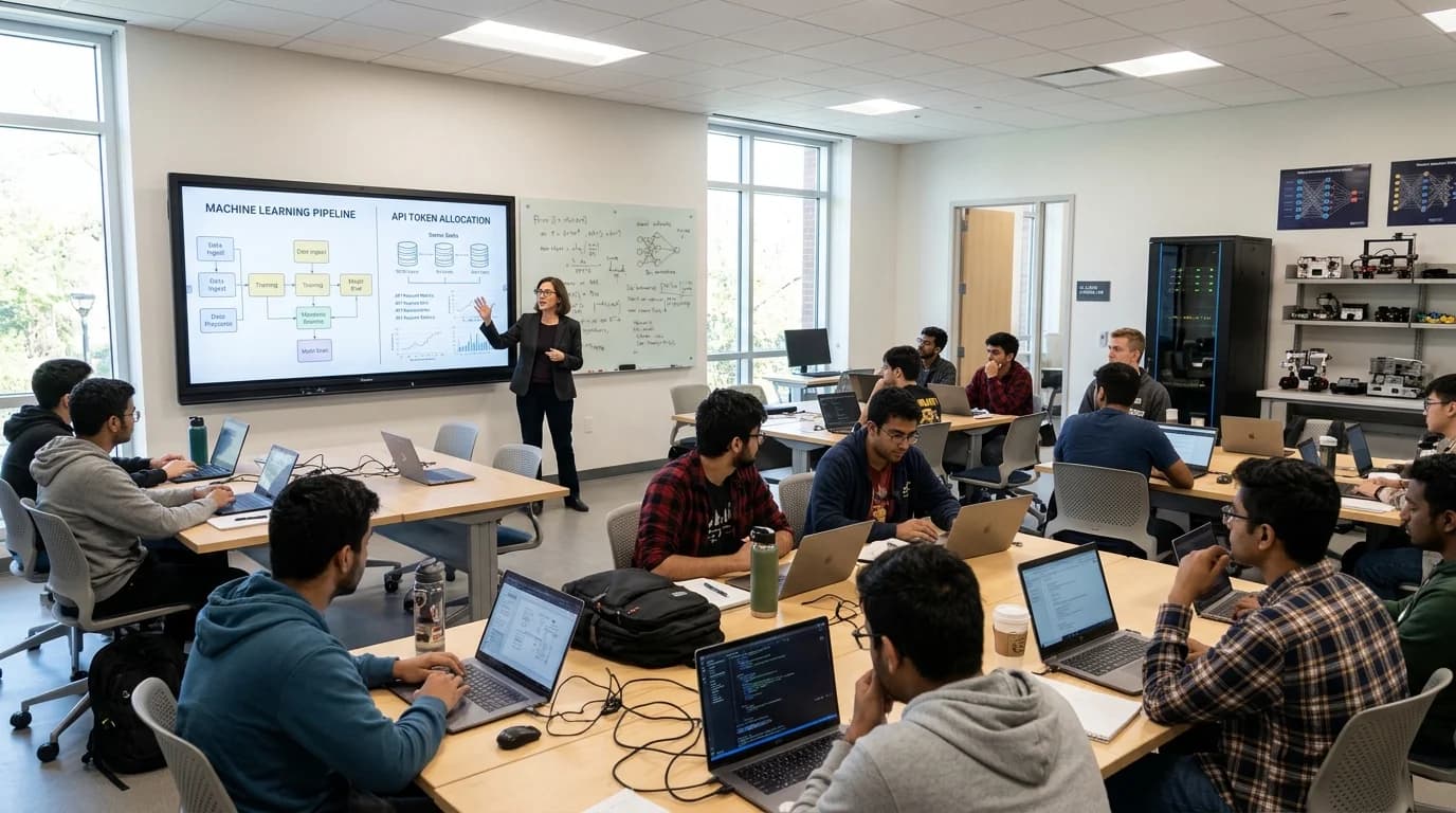University AI lab classroom with students and professor